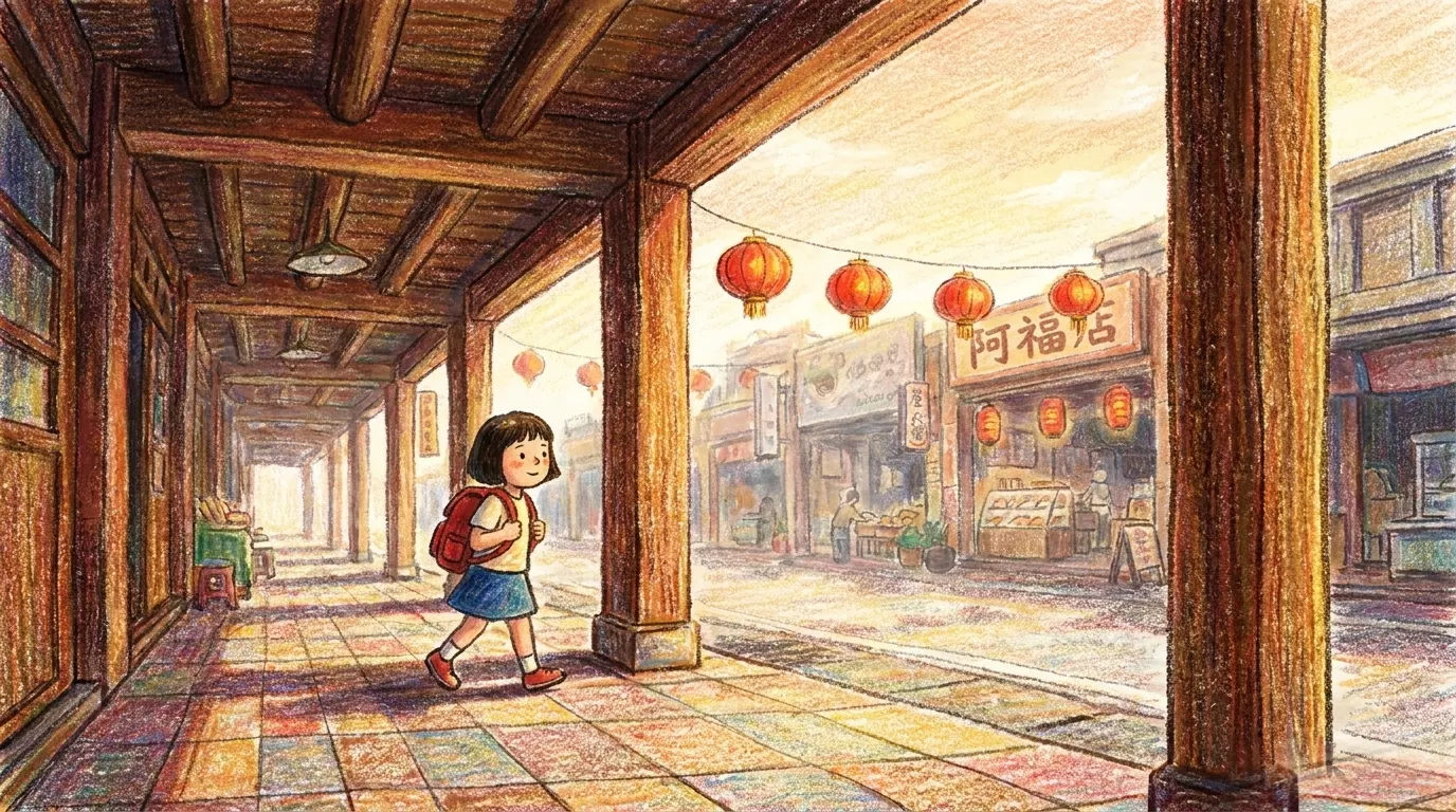 小鎮街景，阿福伯的麵包店冒著煙，遠方是廟口榕樹