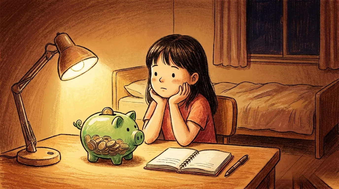 小晴在書桌前托著腮，看著撲滿若有所思