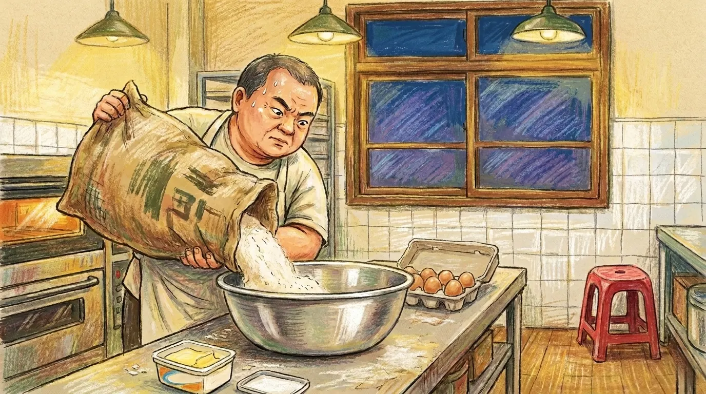 清晨的麵包店，阿福伯揉著麵團